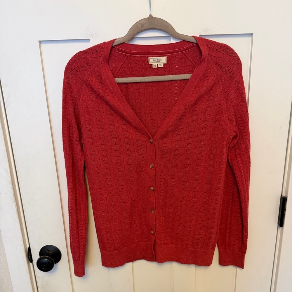 Fat Face 100% Cotton Button Front Cardigan Lightweight pink Red V-Neck US 8